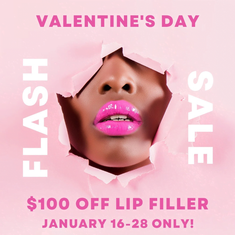 Lip Filler Medspa Flash Sale, Valentine's Day, $100 off lip filler, January 16-28 only, woman with hot pink lips bursting through pink paper